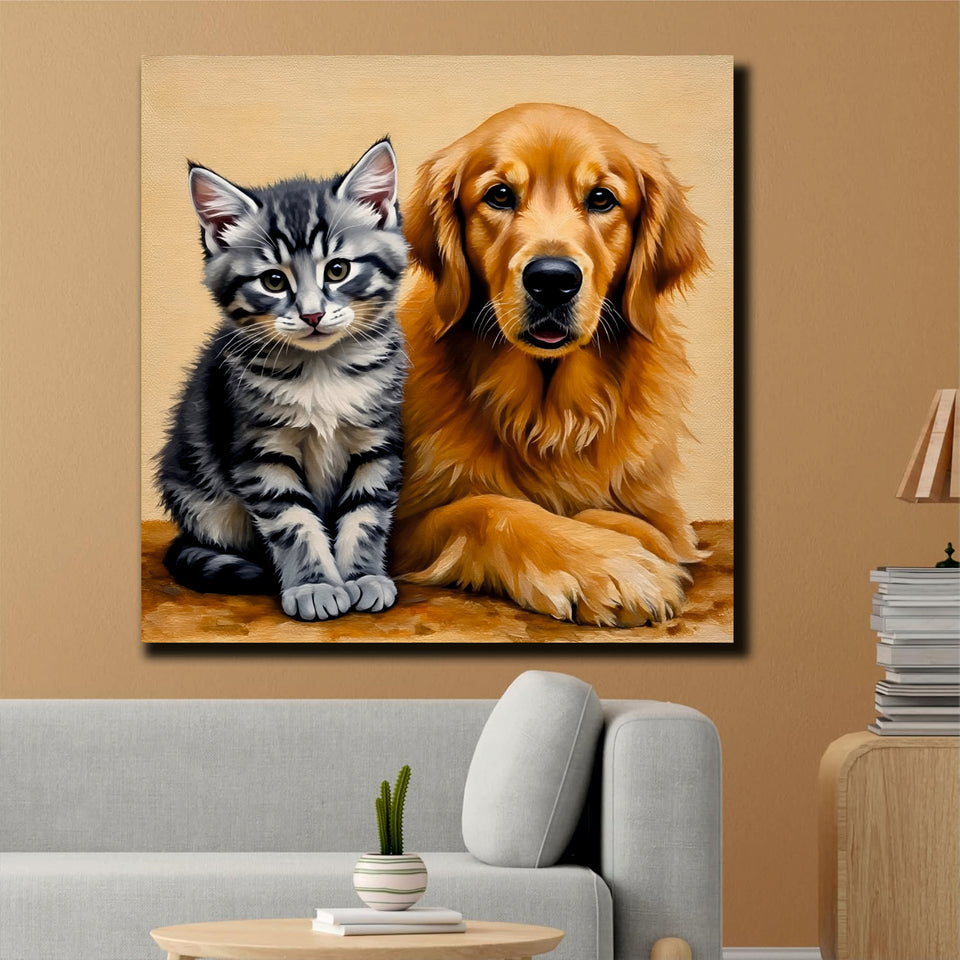 Best Friends Forever – Dog & Cat Duo Canvas  Wall Art Stretched Frame Painting