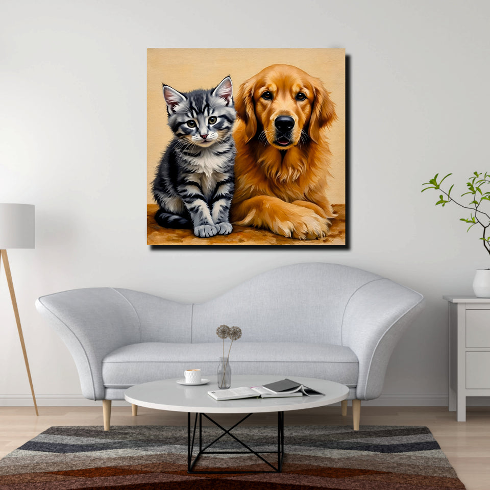 Best Friends Forever – Dog & Cat Duo Canvas  Wall Art Stretched Frame Painting