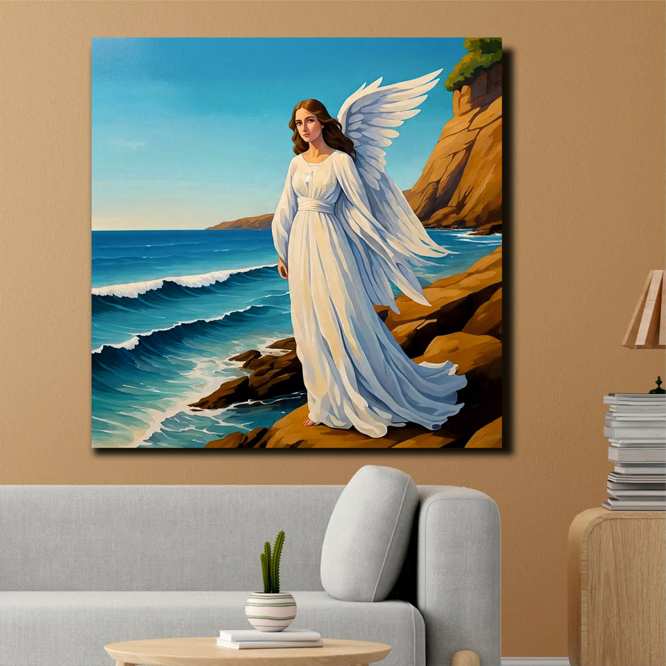 Guardian Angel by the Sea – Spiritual  Canvas Wall Art Stretched Frame Painting