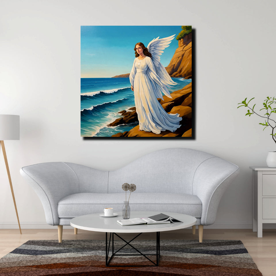 Guardian Angel by the Sea – Spiritual  Canvas Wall Art Stretched Frame Painting